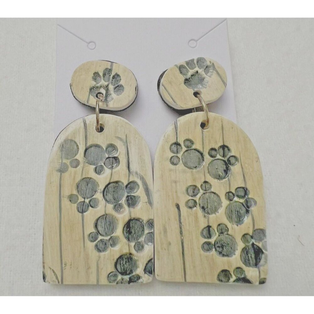 "Paw Prints" Black and Cream Clay Style Post Earrings -‎ 2" long